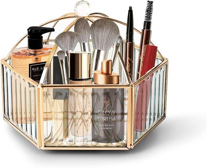 360 Degree Rotating Makeup Organizer, Mirror Glass Cosmetic Storage, Gold | Amazon (US)