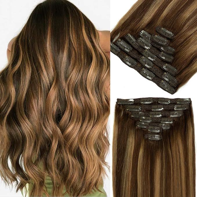 Loxxy Clip in Extensions Human Hair Extensions Highlight Chocolate Brown Double Weft Brazilian Ha... | Amazon (US)