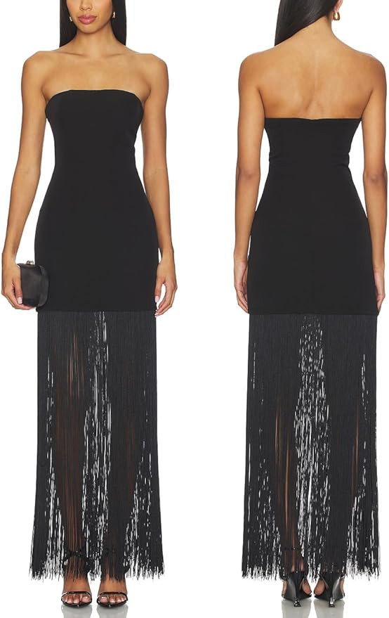 Aigeman Women's Strapless Fringe Maxi Dress Bodycon Evening Gown Tube Top Dresses Sexy Tassels Co... | Amazon (US)