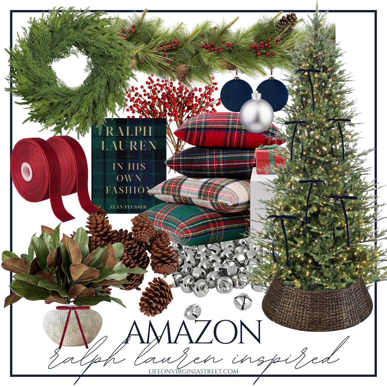 Ralph Lauren Christmas decor inspiration, but with Amazon prices! Tartan plaid pillows, Christmas greenery, red berry picks, velvet bows, preppy plaids, long needle pine garland, jingle bells, woven tree collar and more! #ltkholiday #ltkhome #ltkseasonal #ltkfindsunder50 #ltkfindsunder100 #ltkstyletip #ltksalealert #ltkover40 #ltkgiftguide 

 #LTKHoliday #LTKHome #LTKSaleAlert