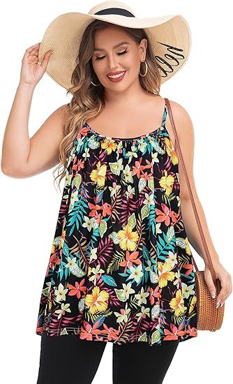 Plus Size Tank Tops for Women Boho Floral Loose Cami Spaghetti Strap Tunic Blouses | Amazon (US)