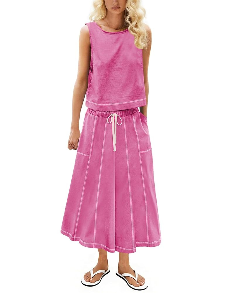 Women's Y2K 2 Piece Set – Summer Sleeveless Tank Top and Drawstring Midi Skirt Lounge Outfit wi... | Amazon (US)