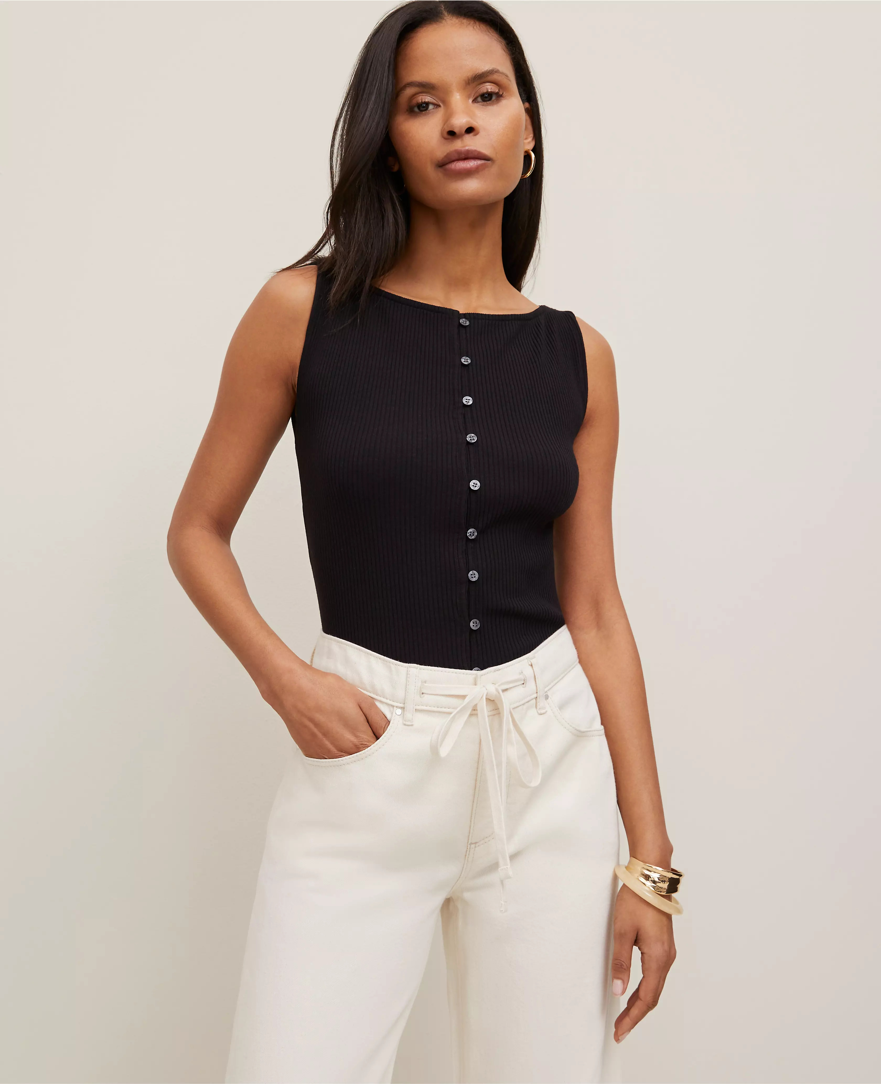 Petite Ribbed Sleeveless Button Top | Ann Taylor
