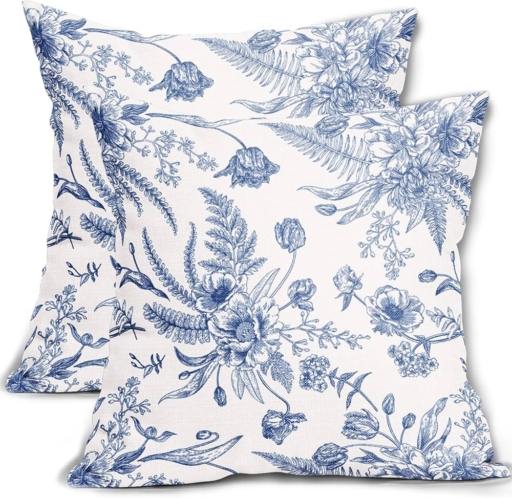 Blue Flowers Pillow Covers 20x20 Inch Set of 2 White and Blue Flowers Throw Pillowcase Linen Deco... | Amazon (CA)