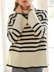 Knit Mix Striped Pattern Turtle Neck Drop Shoulder Slit Hem Sweater SKU: sw2208256991831131(46 Re... | SHEIN
