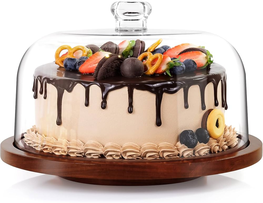 jkwokback Cake Stand with Acrylic Dome, Rotating Cake Plate Acacia Wood Cake Stand with Acrylic L... | Amazon (US)