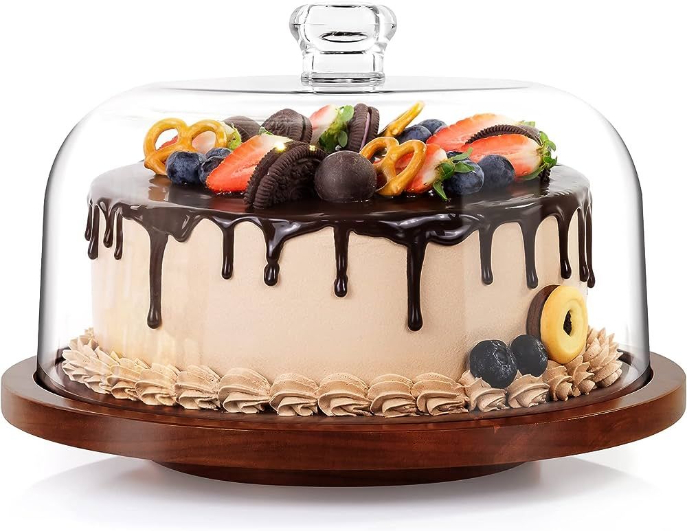Cake Stand with Acrylic Dome, Rotating Cake Plate Acacia Wood Cake Stand with Acrylic Lid, Cake D... | Amazon (US)