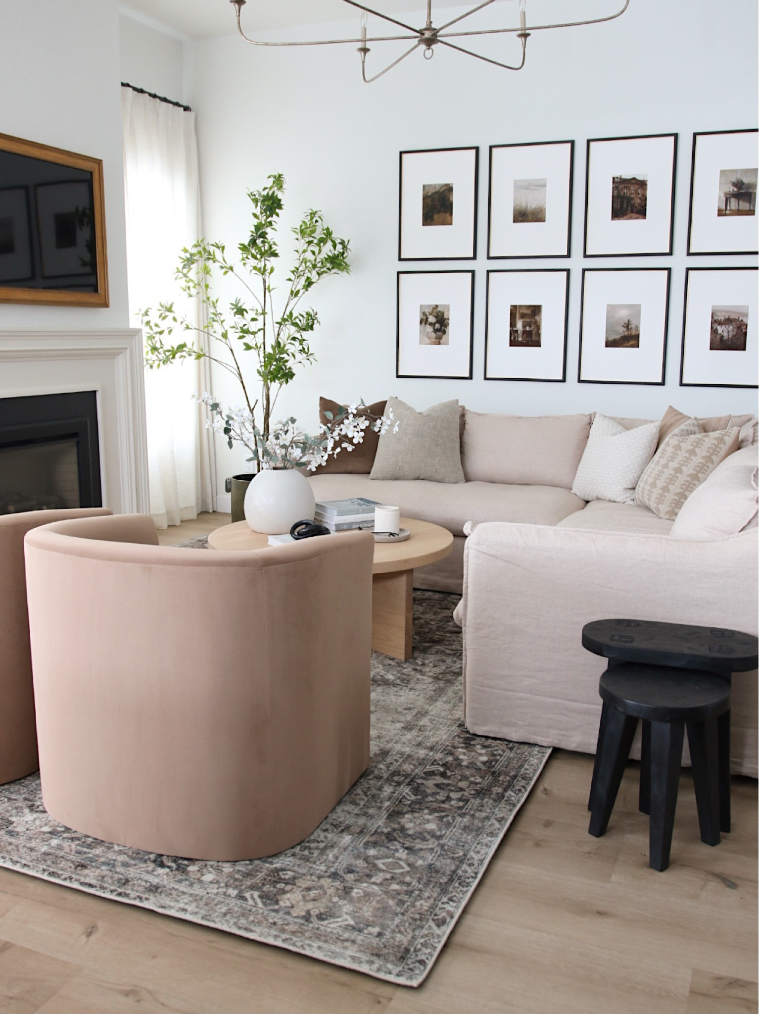 Living room, area rug, gallery wall, picture frame, accent chair, faux tree, frame tv, interior decor 

#LTKstyletip #LTKhome