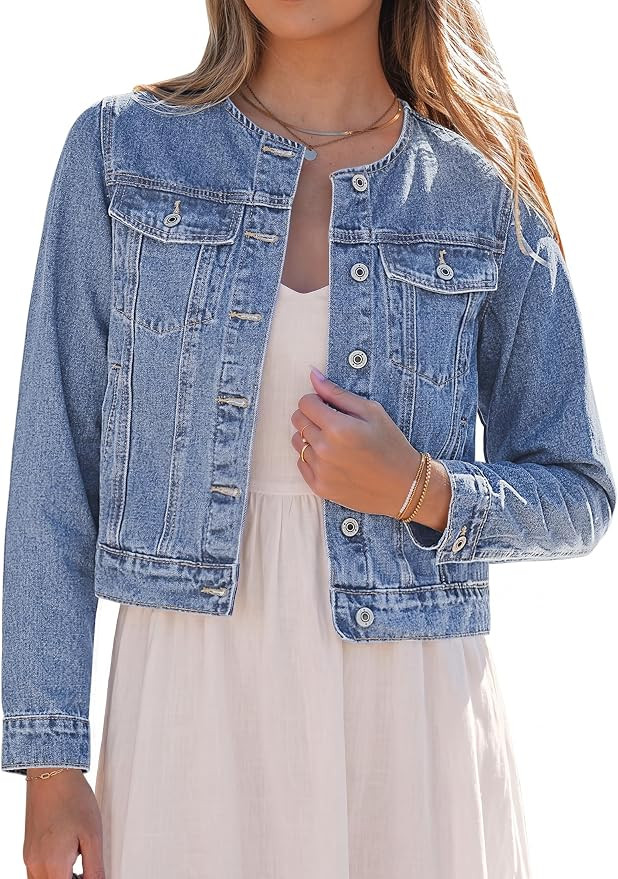 luvamia Jean Jacket Women Trendy Collarless Button Down Long Sleeve Casual Western Denim Jacket C... | Amazon (US)