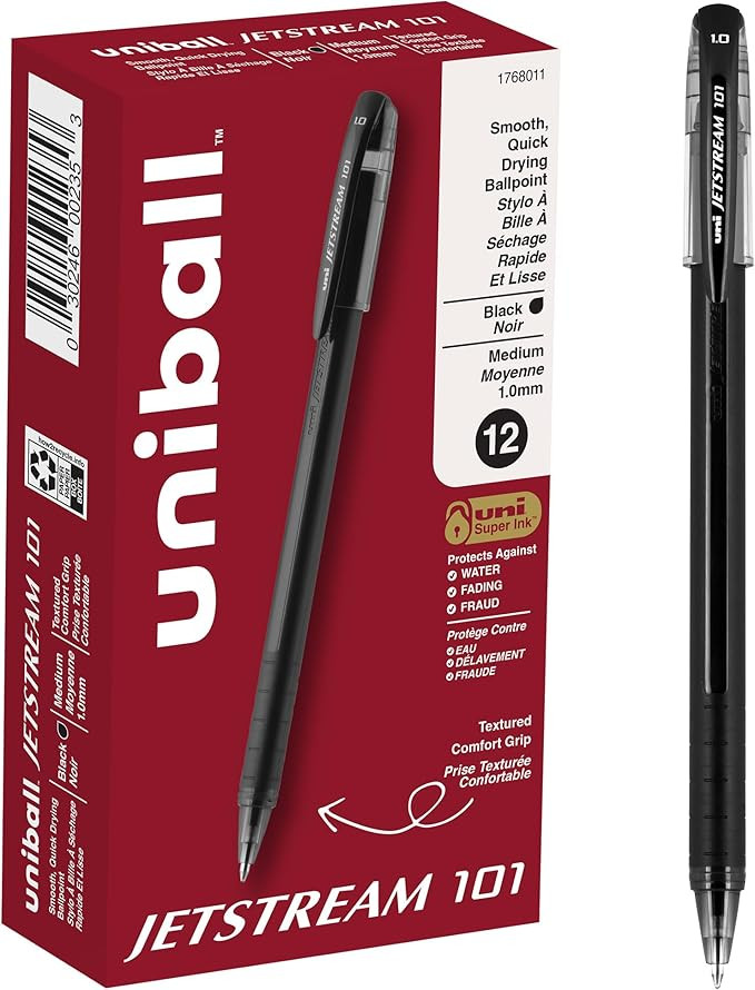 uniball Jetstream 101 Roller Ball Pen, Stick, Bold 1 Mm, Black Ink, Black Barrel, Dozen | Amazon (US)