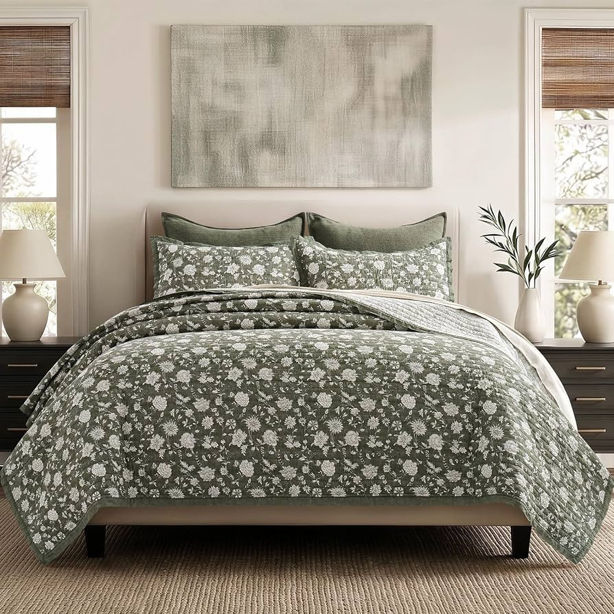100% Cotton Floral Quilt Set, King Size, Sage Green 108"\u00d796" | Amazon (US)