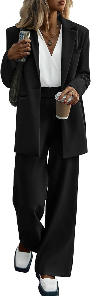 KIRUNDO Women Suits 2 Piece Set Business Casual Dressy Oversized Blazer Jacket and Wide Leg Dress... | Amazon (US)