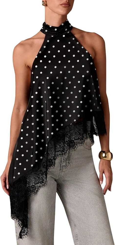 Women Satin Halter Top Y2K Mock Neck Lace Trim Asymmetrical Hem Tank Top Sleeveless Going Out Cro... | Amazon (US)