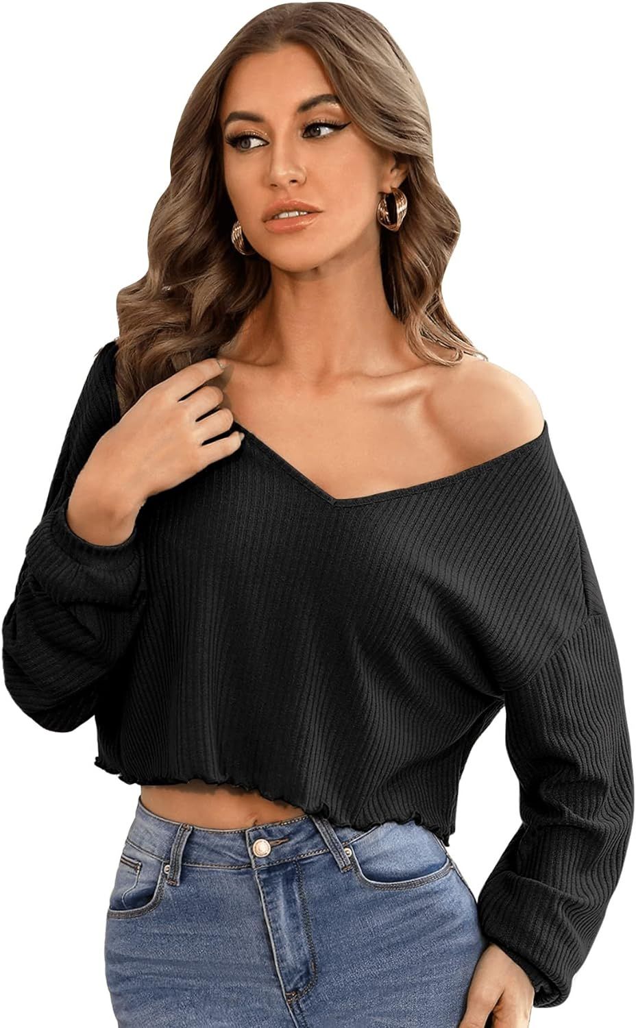 SweatyRocks Women's Long Sleeve Tee Shirt V Neck Ribbed Knit Lettuce Trim Crop Top | Amazon (US)