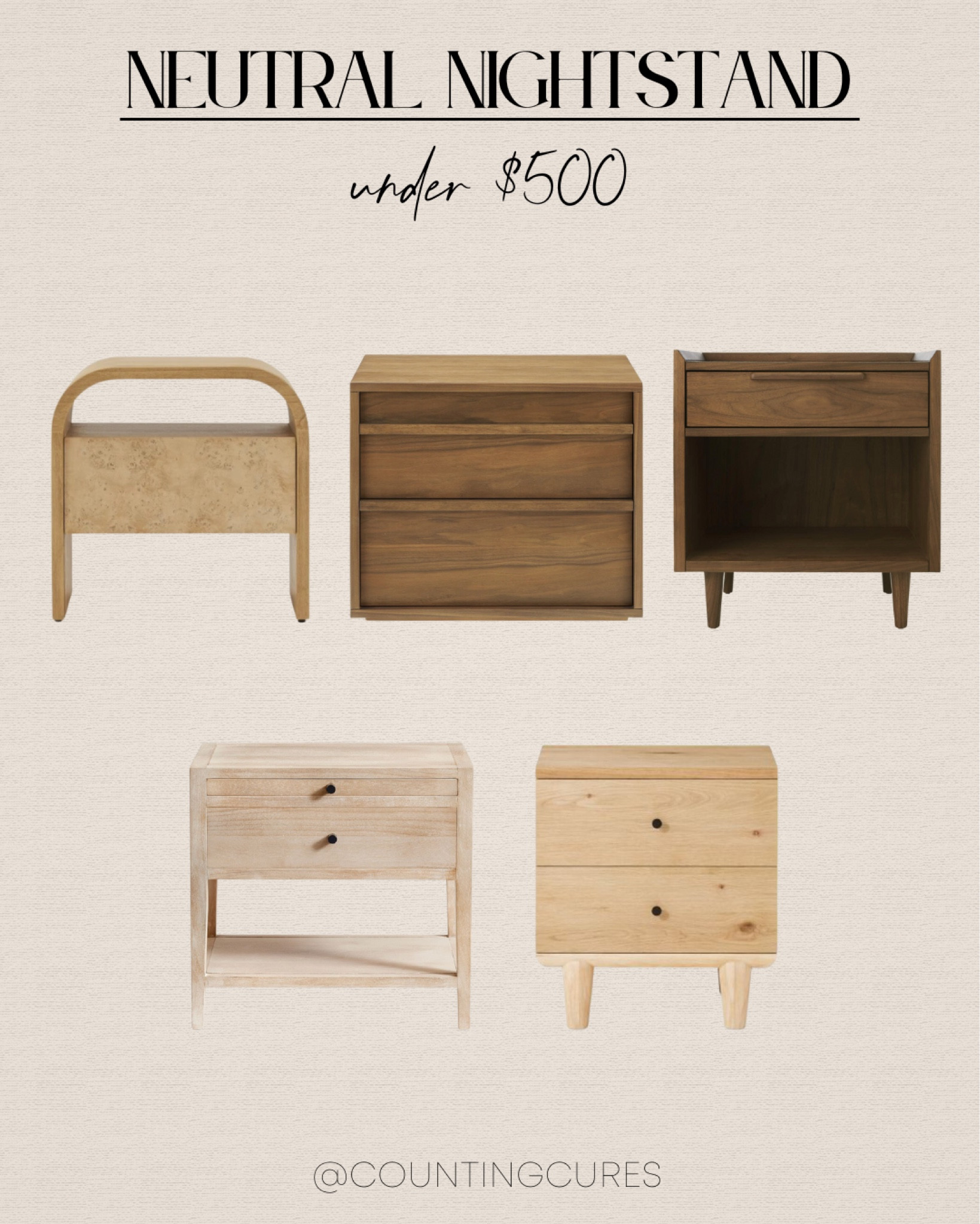 Complete your bedroom with these gorgeous neutral nightstands under $500! Find the piece that fits your aesthetic and budget.
#furniturefinds #designtips #interiordesign #bedroominspo

#LTKStyleTip #LTKSeasonal #LTKHome