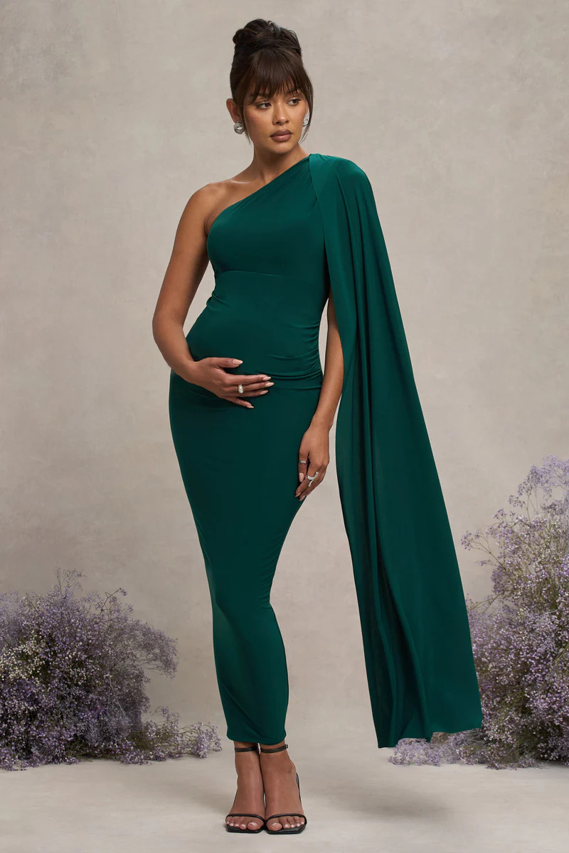 Amaryllis  Bottle Green Maternity One Shoulder Maxi Dress with Cape Sleeve | Club L London