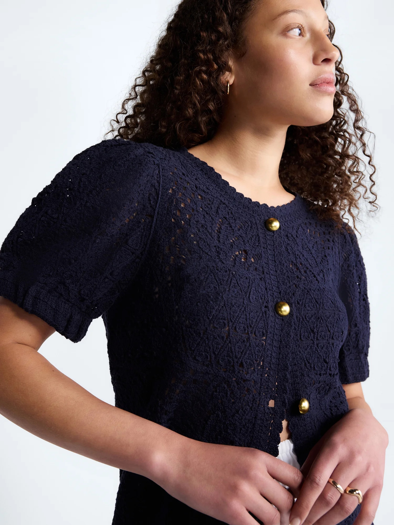 Free Assembly Women's and Women's Plus Pineapple Cardigan Sweater with Short Puff Sleeves, Lightweight, Sizes XS-4X | Walmart (US)