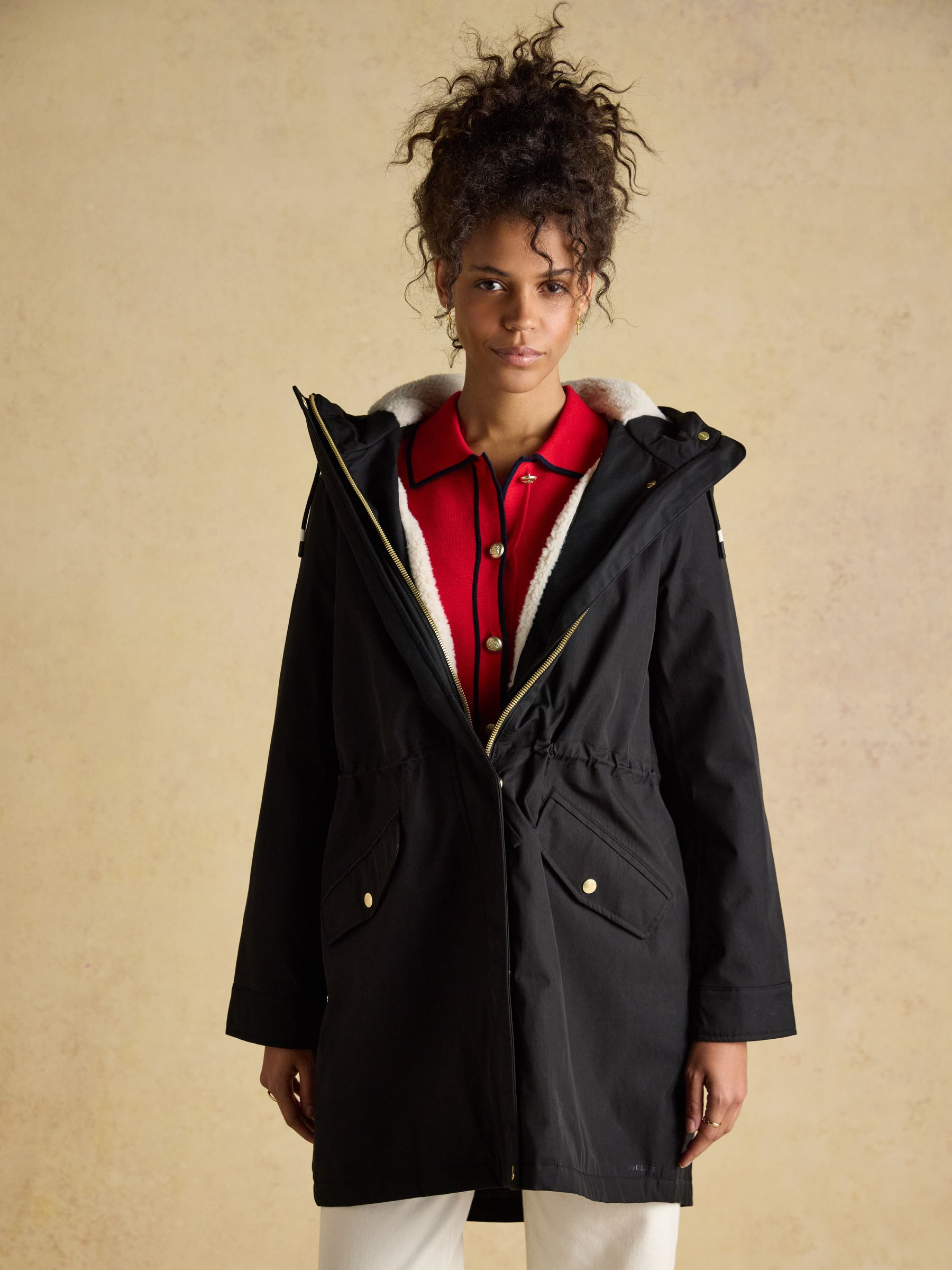 Portwell Cosy Black Fleece Lined Waterproof Raincoat with Hood | Joules | Joules