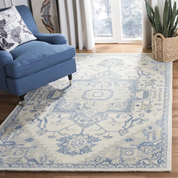 Cuvier Oriental Handmade Wool Ivory/Blue Area Rug | Wayfair North America