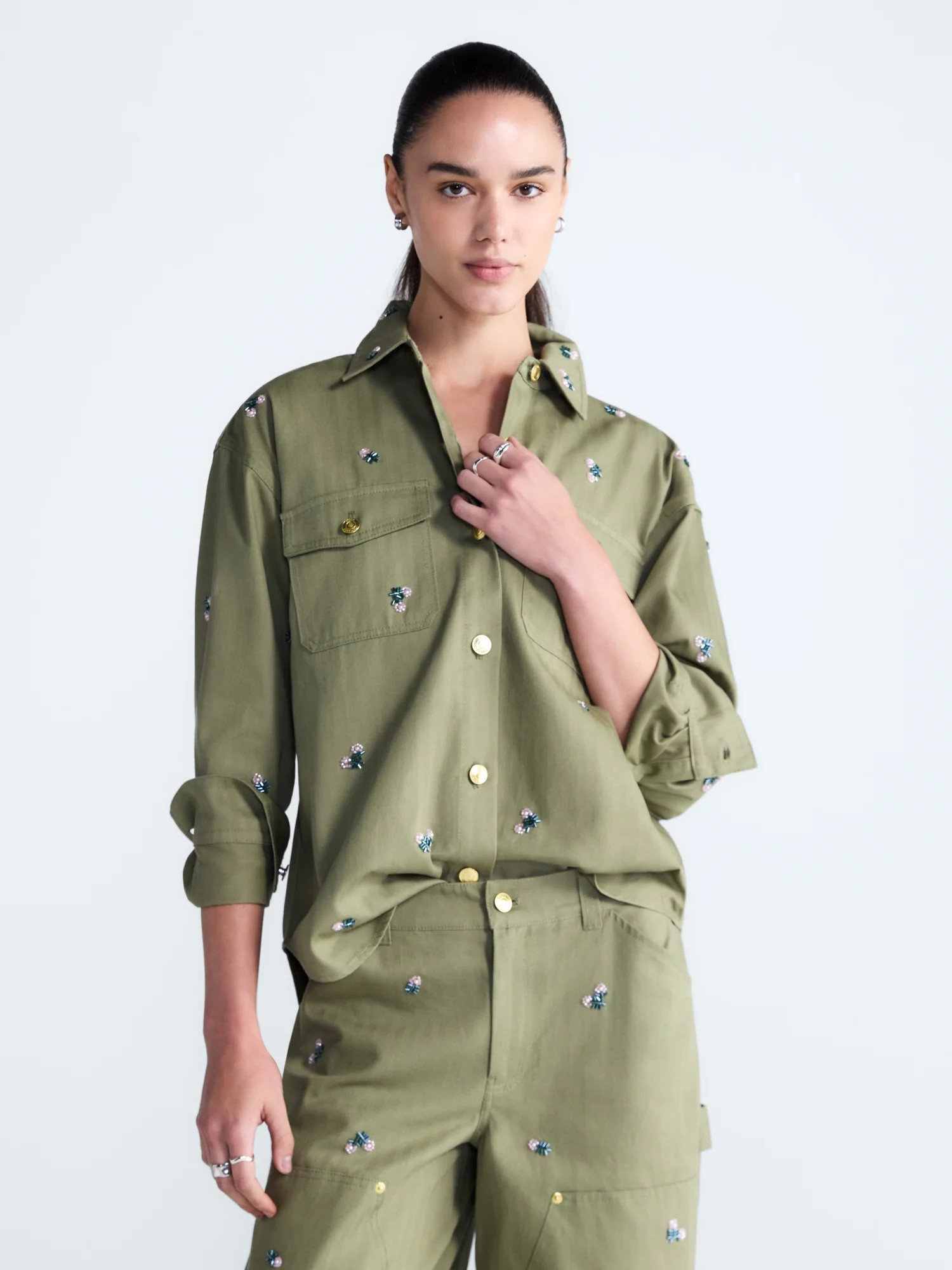 Free Assembly Women's Embellished Cotton Utility Shirt With Long Sleeves, Sizes XS-XXL | Walmart (US)