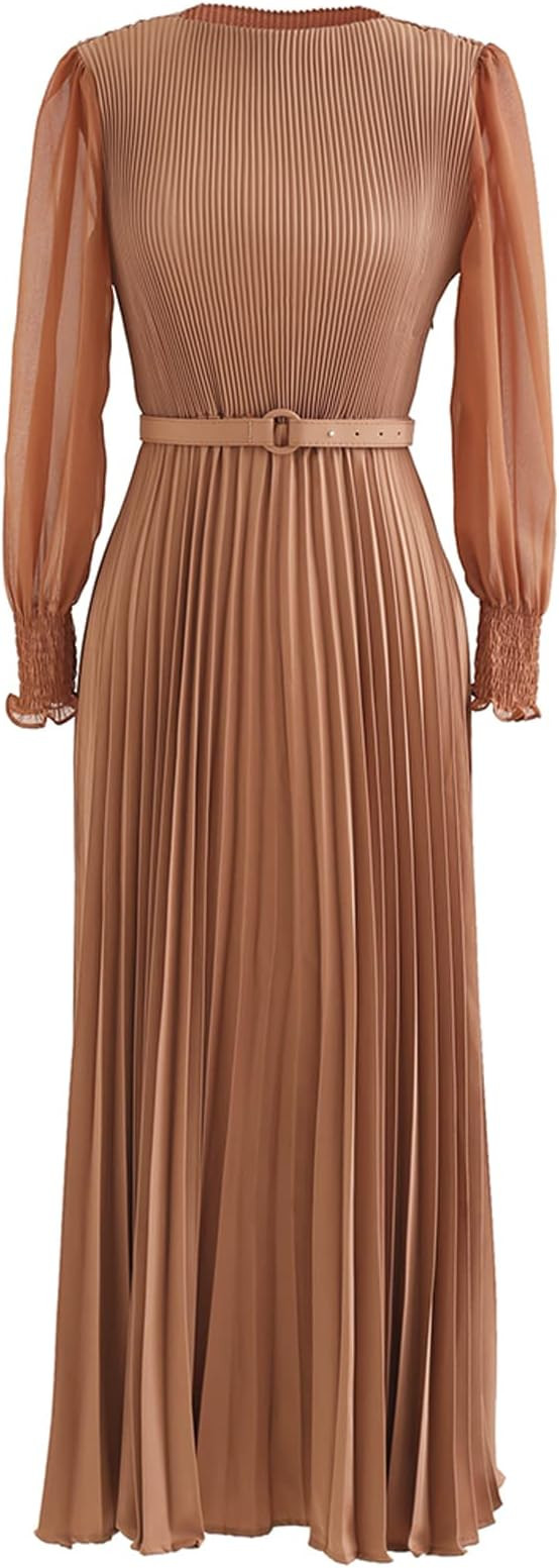 CHICWISH Women's Lilac/Yellow/Dark Green/Tan Full Pleated Belted Maxi Dress | Amazon (US)