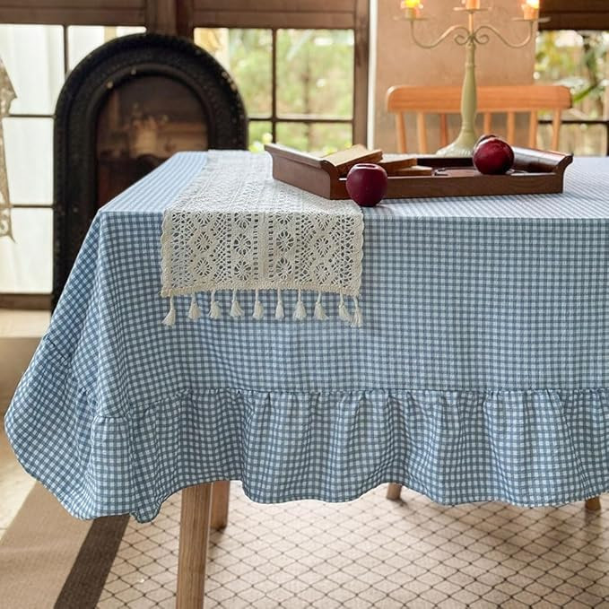 NSNLGSGC Light Blue Plaid Gingham Ruffled Tablecloth Rectangle 60"x84", Taupe Washed Cotton Blend... | Amazon (US)