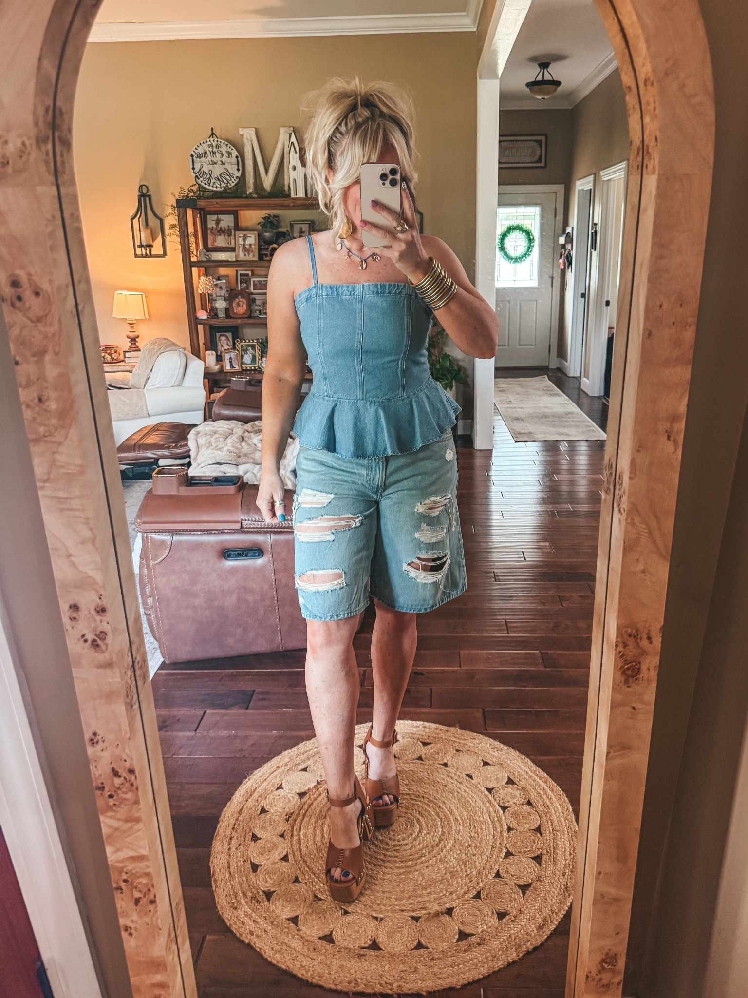 Love this fit! Medium in top and sized up one in jorts. Sandals are true to size 
#levis #jorts #denimtop 

#LTKootd #LTKOver40