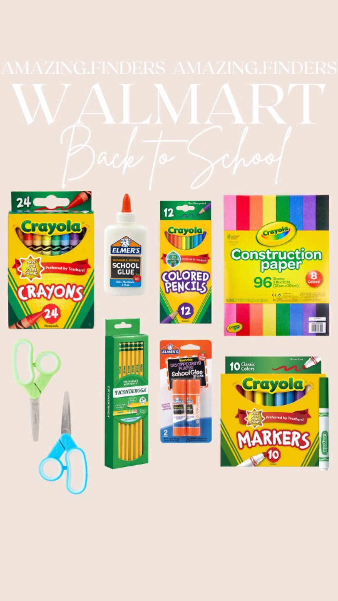 Crayola Classic Crayons, Assorted Colors, Back to School, 24 Count,
Crayola Classic Broad Line Markers, Art Supplies, Back to School Supplies, 10 Ct,
Crayola Construction Colored Paper in 10 Colors, School Supplies for Kindergarten, 120 Pcs, Child,
Crayola Colored Pencils Set Multi Colors, 12 Ct, Back to School Supplies for Kids, Child Ages 5+,
Ticonderoga Premium Wood Pencils, Unsharpened #2 Lead, Yellow, 24 Count,
Elmer's Liquid School Glue, White, Washable, 7.6 oz.,
Elmer's Disappearing Purple Washable School Glue Sticks, 6 gram, 2 Count,
Pen and Gear Blunt Tip 5" Scissors for Kids 4+, School Supplies, Light Blue/Green, 2 Pack


#LTKsalealert #LTKkids #LTKBacktoSchool