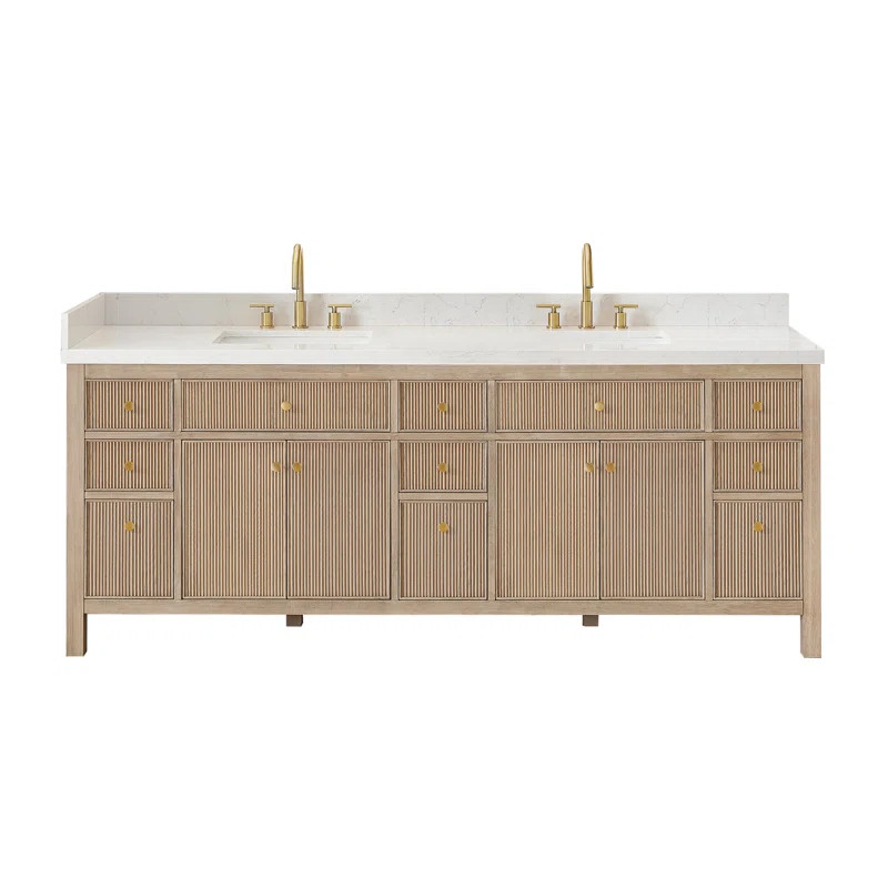 Kazuki 84" Double Bathroom Vanity with Grain White Engineered Stone Countertop without Mirror | Wayfair North America