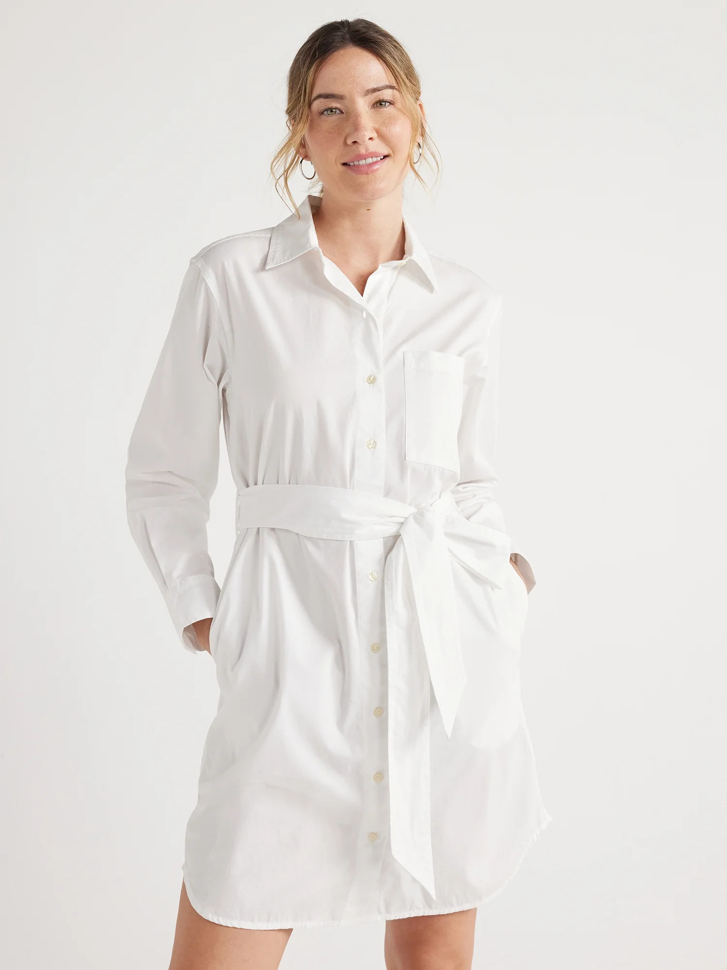 Free Assembly Women’s Cotton Belted Shirtdress with Long Sleeves, Sizes XS-XXL | Walmart (US)