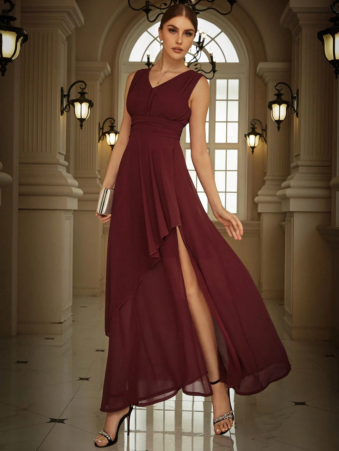 Eilly Bazar Solid Split Thigh Chiffon Party Dress | SHEIN