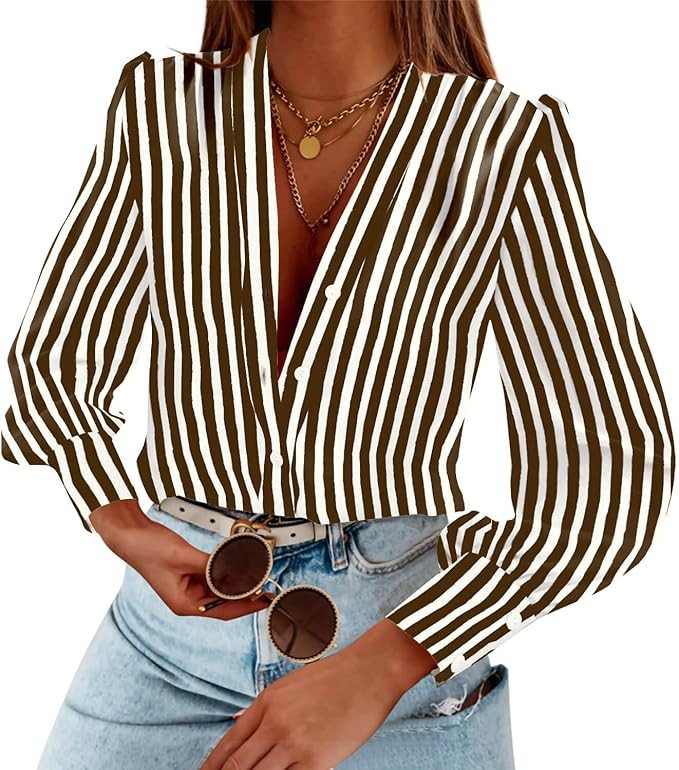 Women's Business Casual Tops Summer Long Sleeve Silk Button Down Shirts V Neck Chiffon Blouses | Amazon (US)