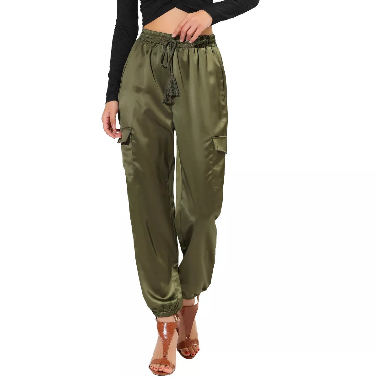 INSPIRE CHIC Women's Satin Drawstring Elastic High Waist Shiny Silky Cargo Pants | Target