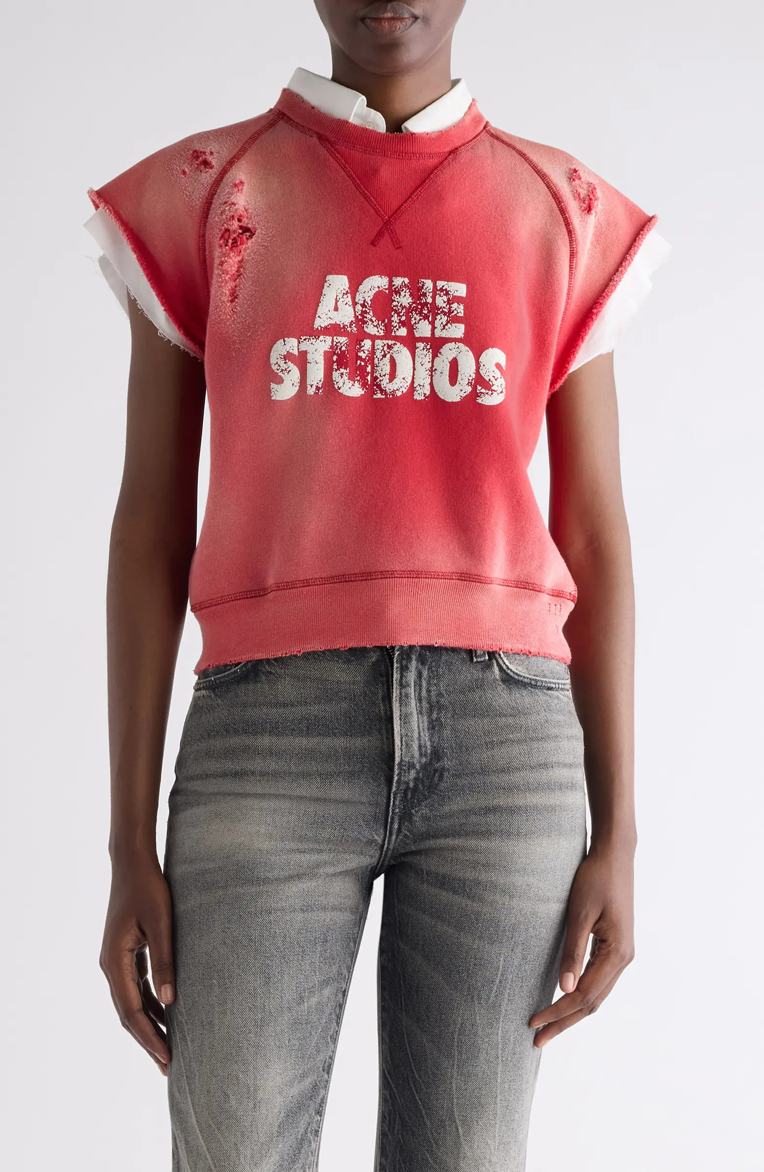 Acne Studios Mixed Media Distressed Cap Sleeve Logo Graphic Sweatshirt | Nordstrom | Nordstrom