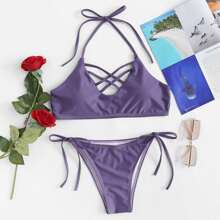 Caged Neck Tie Side Bikini Set | SHEIN