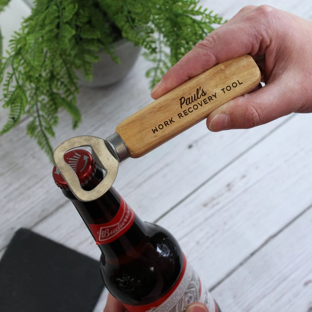 Personalised Work Recovery Tool Bottle Opener Wooden Beer - Etsy UK | Etsy (UK)