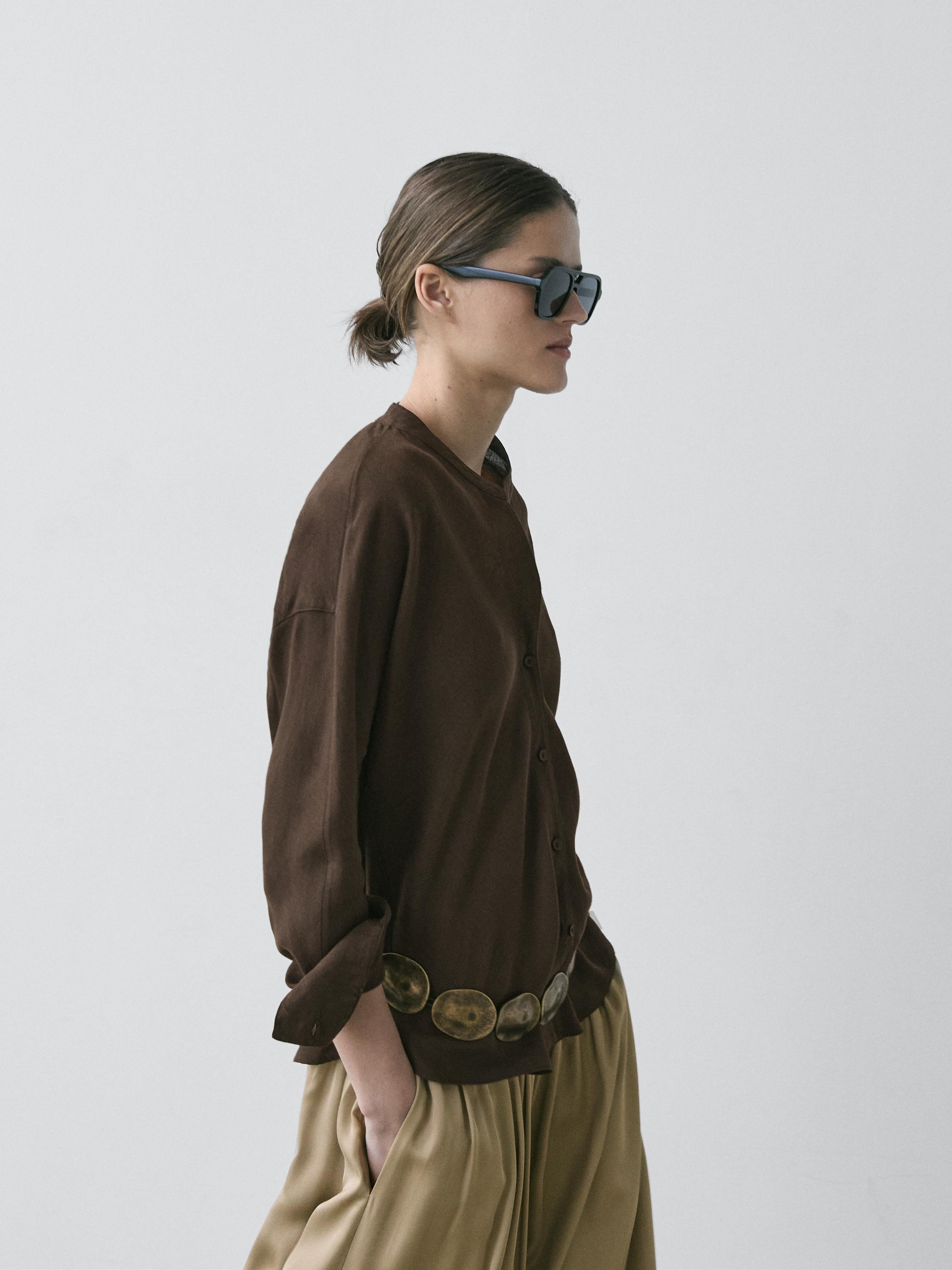 100% linen stand collar shirt | Massimo Dutti US