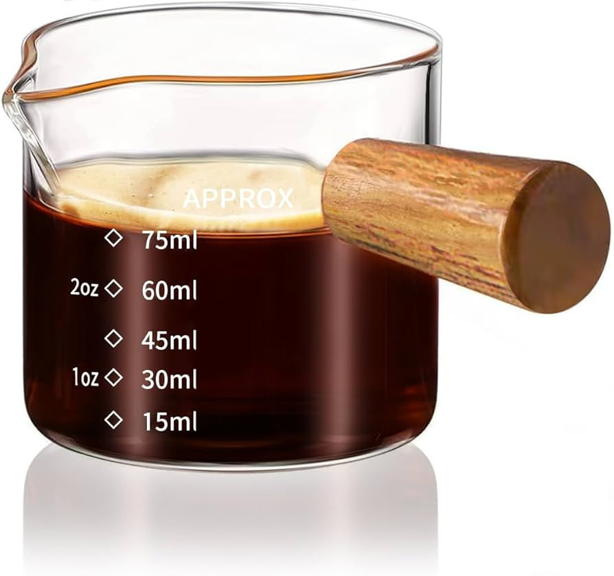 YARRAMATE Espresso Shots Cup with Wood Handle, Clear Glass Espresso Machine Accessories, Espresso Measuring Cup with Dual Scale, Espresso Shot Glass with Single Spout, 3.4 OZ /100 ML | Amazon (US)