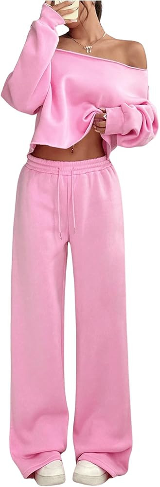 SOLY HUX Women's 2 Piece Outfits Fall Sweatsuits Off The Shoulder Crop Top Wide Leg Sweatpants Ca... | Amazon (US)