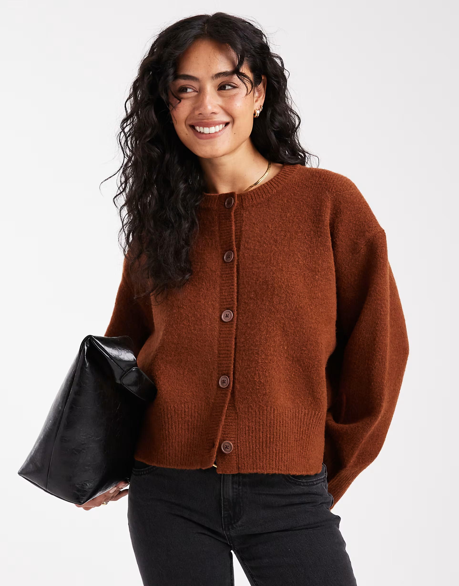 ASOS DESIGN boxy crew neck cardigan with side slit detail in toffee | ASOS | ASOS (Global)