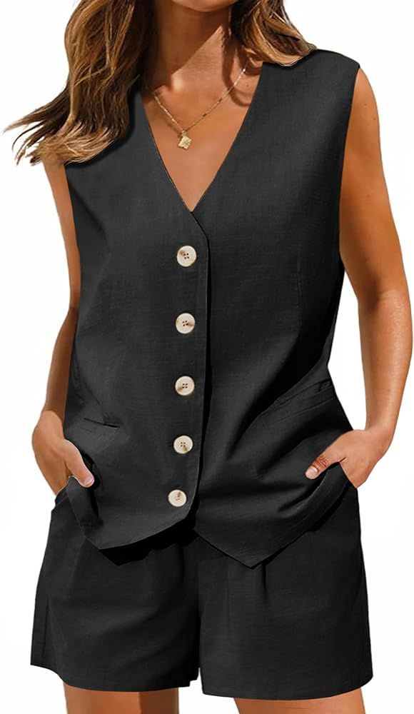 Cicy Bell Womens Summer Blazer Vest 2 Piece Sets V Neck Sleeveless Button Down Waistcoat and High... | Amazon (US)