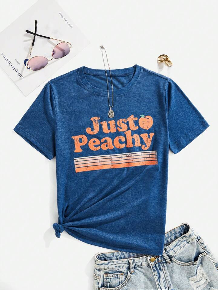 SHEIN Holidaya Peach & Letter Graphic Tee Just Peachy Graphic Tees Women Tops | SHEIN