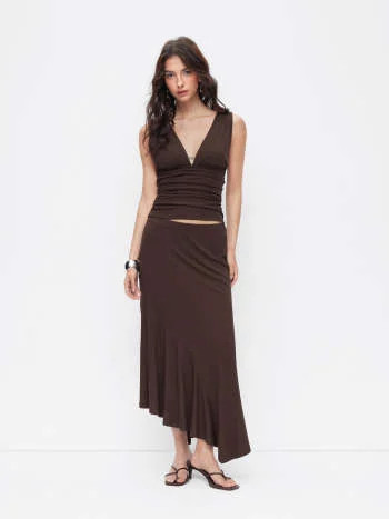 V-neck Ruched Backless Tank Top & Asymmetrical Hem Maxi Skirt Set | Cider
