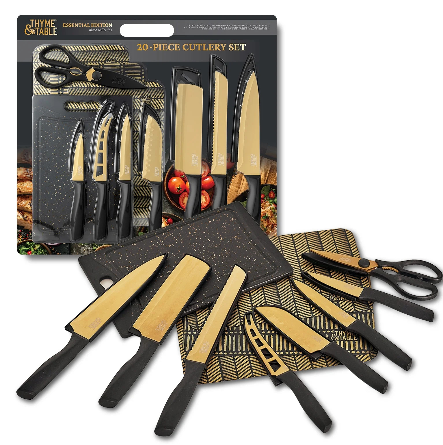 Thyme & Table 20-Piece Stainless Steel Knife and Cutting Board Set, Black | Walmart (US)