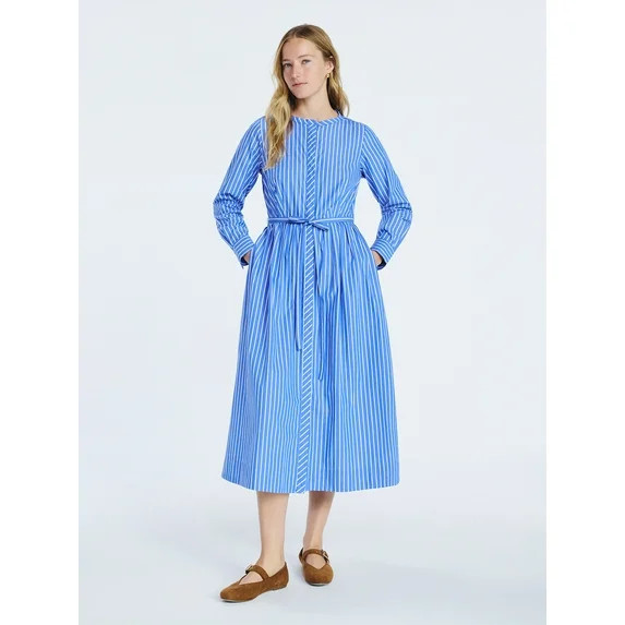 Free Assembly Women's and Women's Plus Pleated Cotton Midi Shirtdress with Long Sleeves, Sizes XS... | Walmart (US)