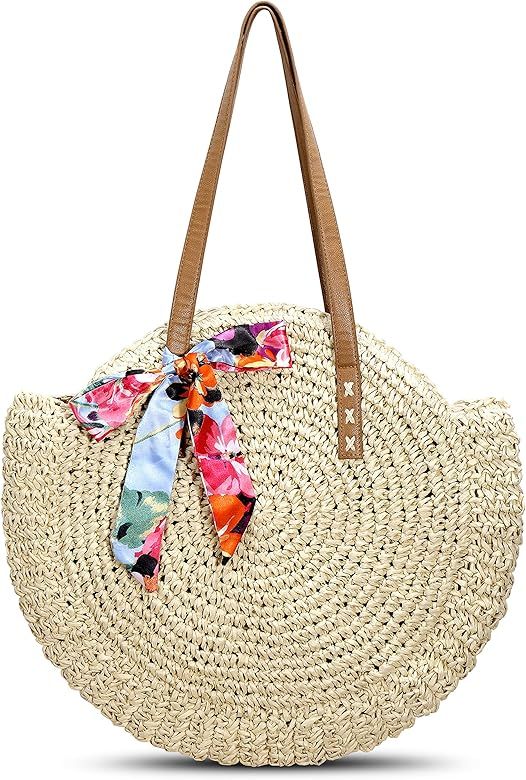 Beach Straw Bag Round Woven Zippered Shoulder Bag Large Circle Tote Crossbody Bags for Women Vaca... | Amazon (US)
