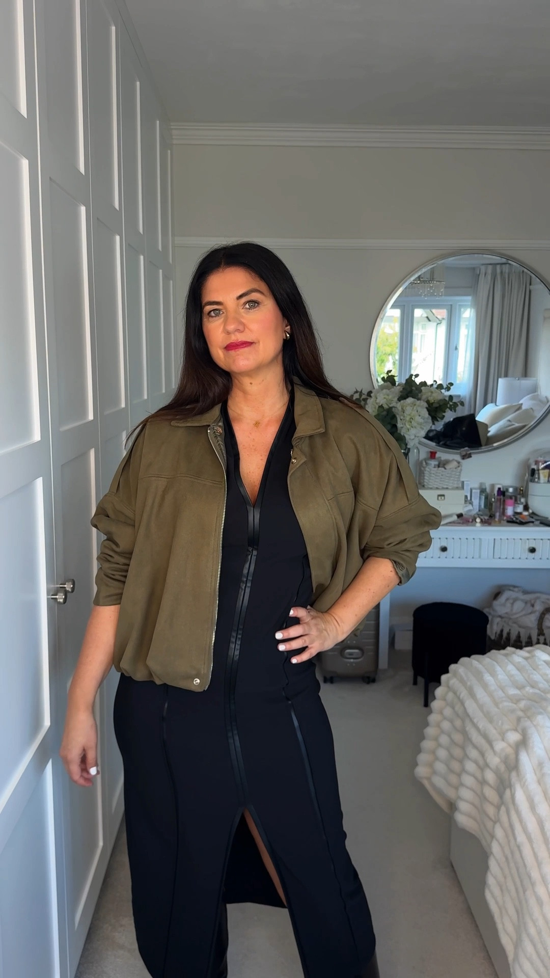 Leather trim midi dress
Knee high boots 
Faux suede jacket 

#LTKautumn #LTKover50style #LTKdresses