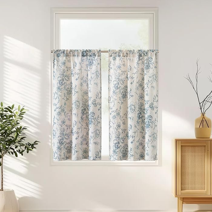 jinchan Floral Linen Tier Curtains 45 Inch Farmhouse Botanic Cafe Drapes for Small Windows Rustic... | Amazon (US)