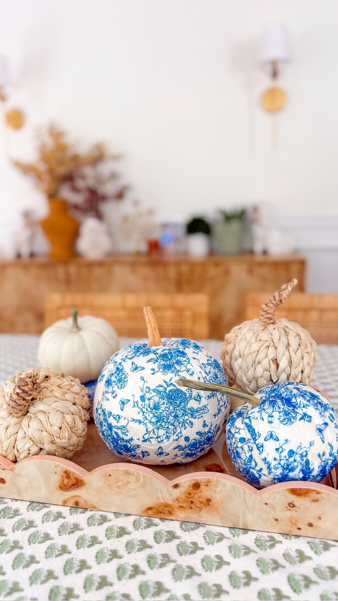 This blue and white pumpkin DIY is so easy and can be displayed as a centerpiece through Thanksgiving! All you need is pretty napkins, glue, scissors and a white pumpkin with a stem! Cut the napkin into squares and remove the backing for best results! This would also make such a cute gift for the Friendsgiving or thanksgiving host! 

#LTKHome #LTKFamily #LTKHalloween