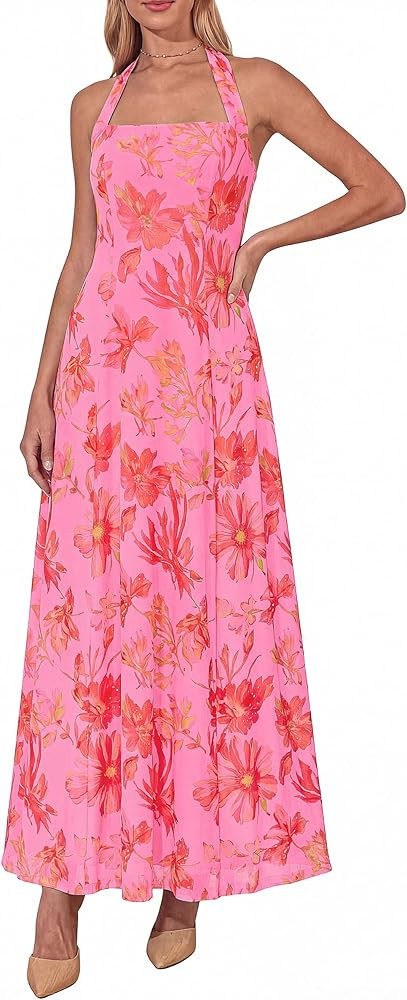 KIRUNDO Women's Summer Sleeveless Halter Floral Maxi Dress 2026 Beach Wedding Guest Cocktail Mesh... | Amazon (US)